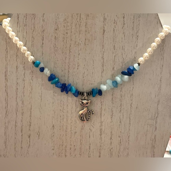 swarovski pearls beads and quartzite aqua mix chips stone choker necklace - Picture 2 of 8